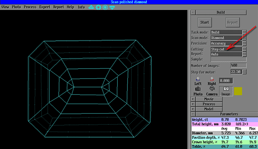 Illustration of building of Emerald cut using mode "Step cut" from field "Cutting" of Build panel